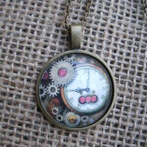 Steampunk Clock & Gears Glass Cabochon Pendant Necklace